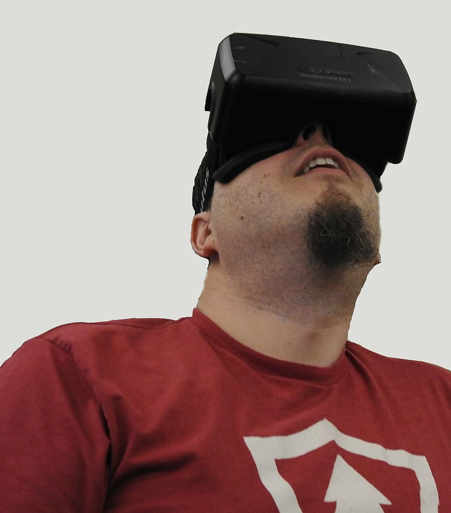 virtual reality, man, device, technology, vr, headset, male, beard, smiling, wearable