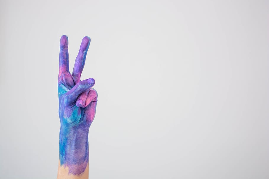 watercolor, blue, violet, peace, peace sign, hand, human hand, human body part, studio shot, one person