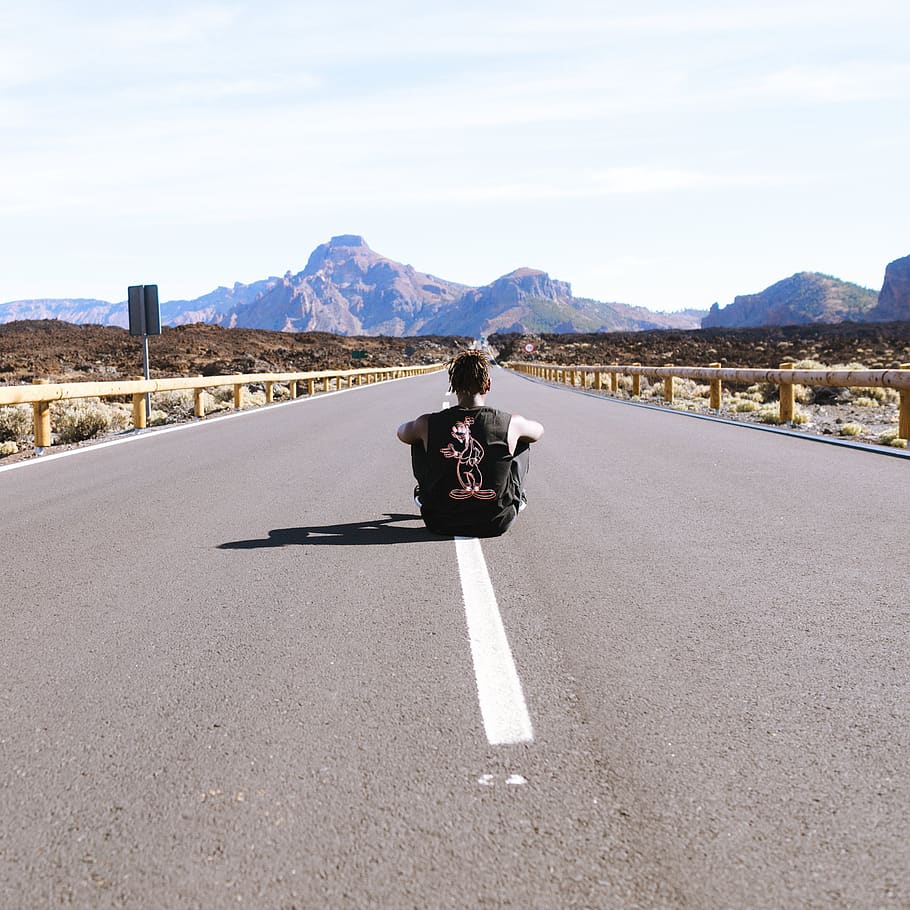 man, road, mountains, sky, future, concept, dashed, line, thinking, meditation