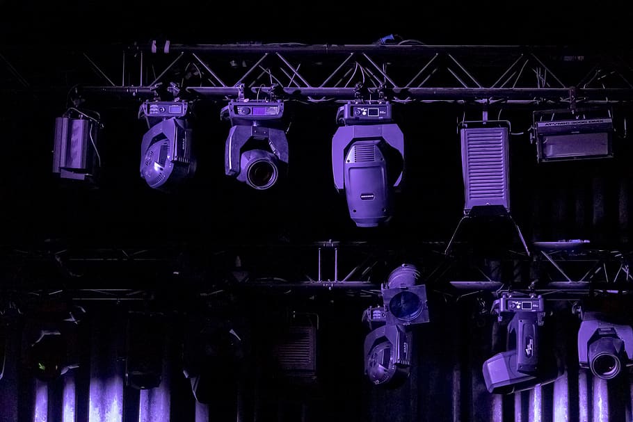stage, lights, technology, art, show, curtain, high, power, line up, purple