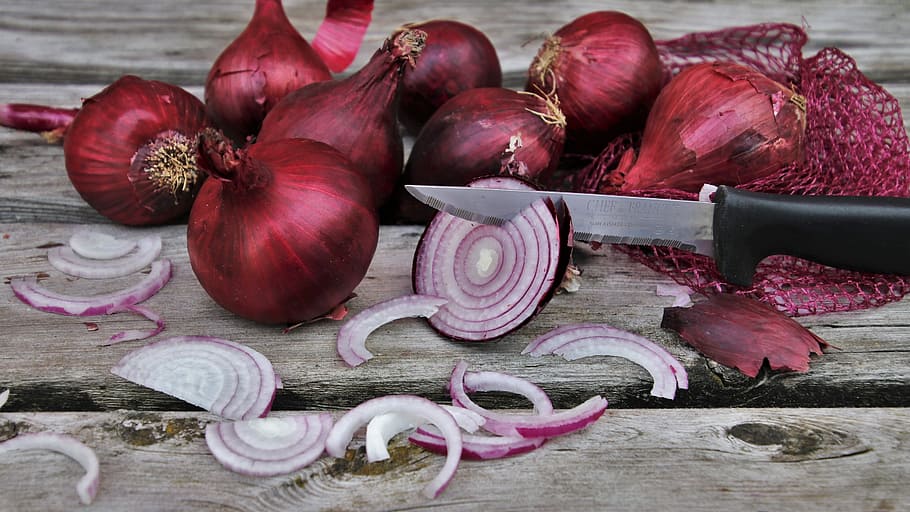 sliced, red, onions, silver knife, onion, slices, vegetables, healthy, raw, fresh