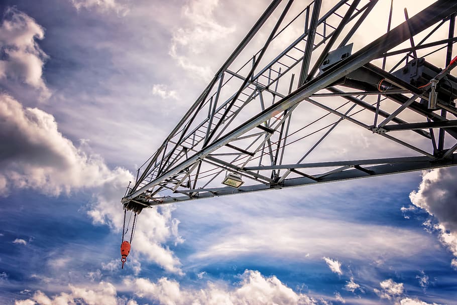 black, steel crane, sky background, crane, mast, scaffold, lattice, sky, build, construction