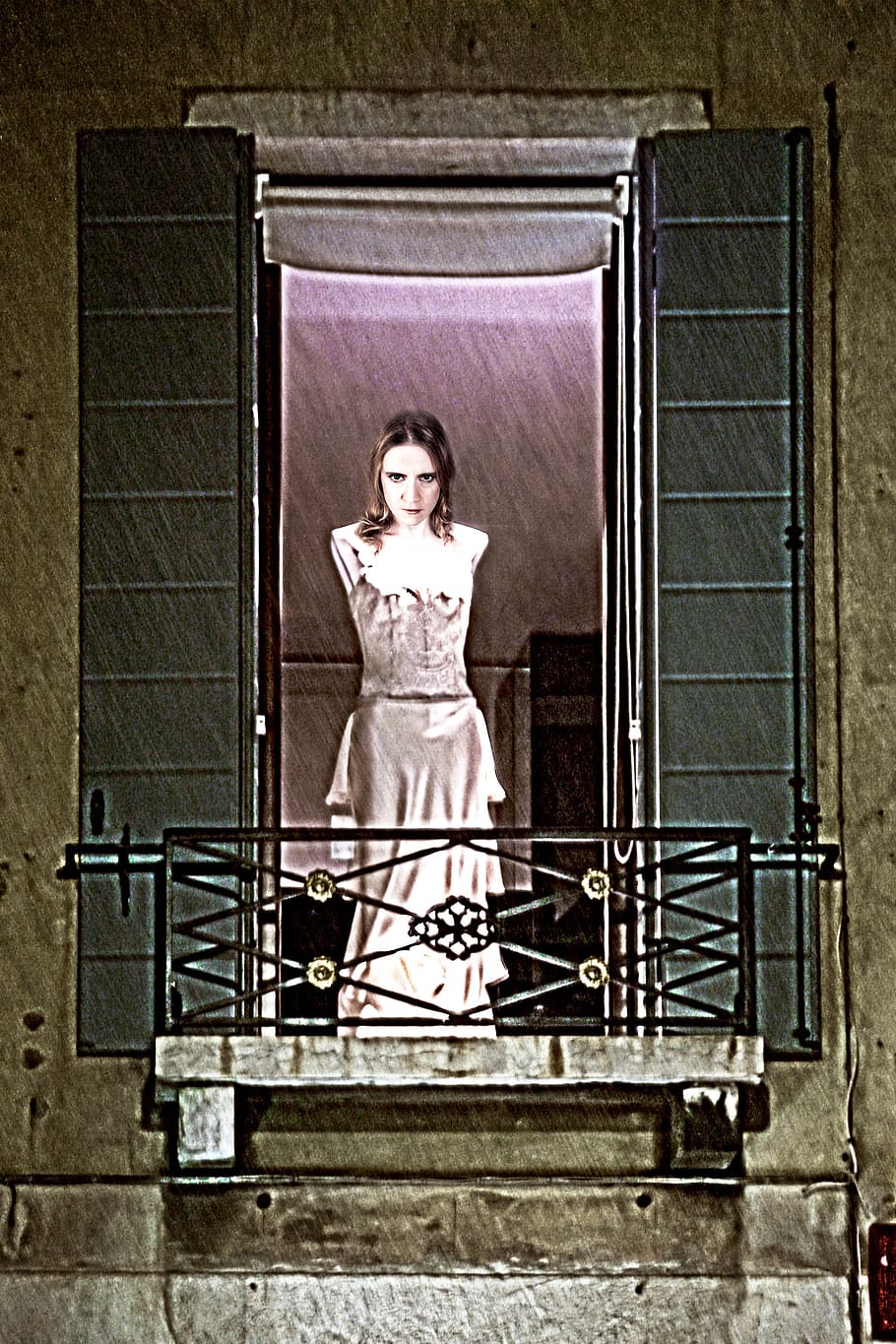 woman, standing, opened, window illustration, spirit, vampire, creepy, ghost, balcony, haunted house