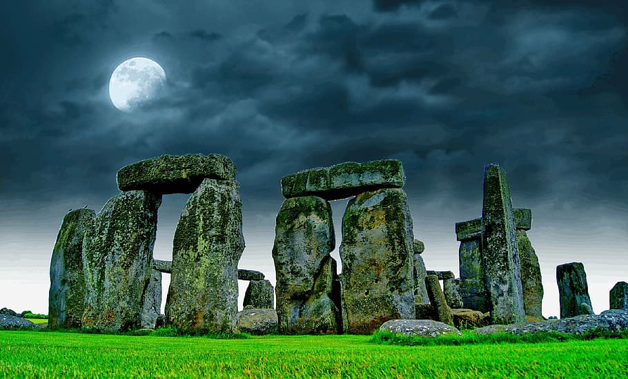 Stonehenge, Inglaterra, cielo, luna, noche, piedra, ruina, estado de ánimo, roca, pilar