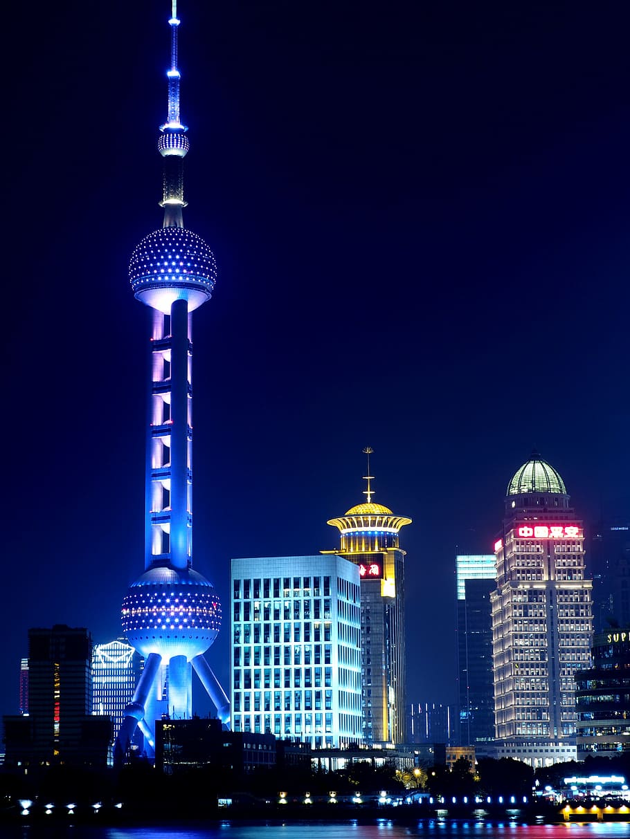 oriental, torre pérola, china, shanghai, torre pérola oriental de tv, visão noturna, república popular da china, rio, arquitetura, noite