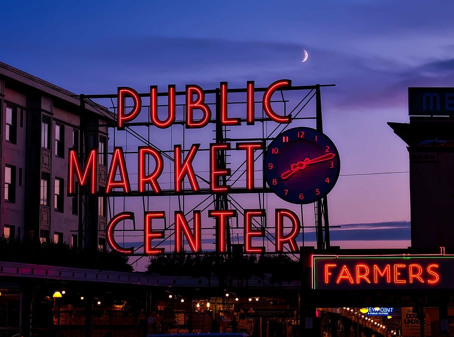 red, public, market center neon signage, seattle, washington, sunset, dusk, evening, sky, clouds
