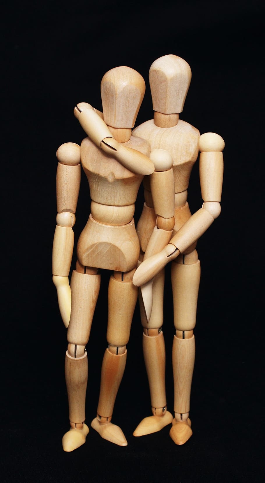 two, brown, wood dolls, human, wood, display dummy, friends, friendship, relationship, homosexuality