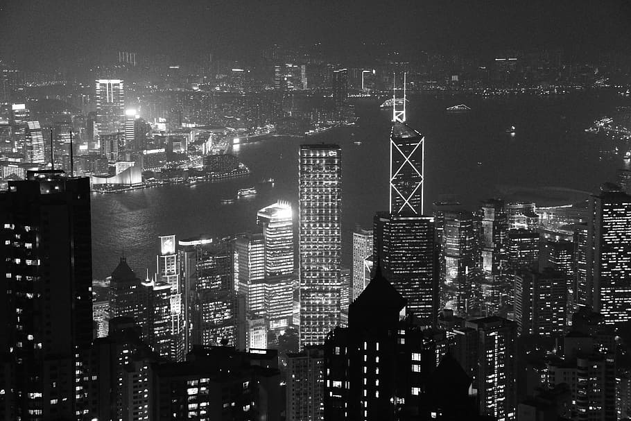 Foto en escala de grises, ciudad, edificios, noche, vista, paisaje urbano, China, Hong Kong, Asia, escénico
