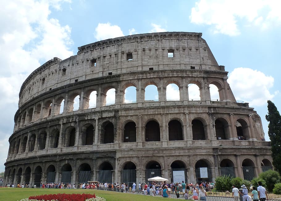 italy, rome, colosseum, group of people, large group of people, tourism, crowd, sky, real people, cloud - sky