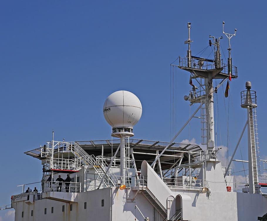 nautical vessel, navigation, orientation, helipad, antenna, sky, radar, equipment, industry, working ship