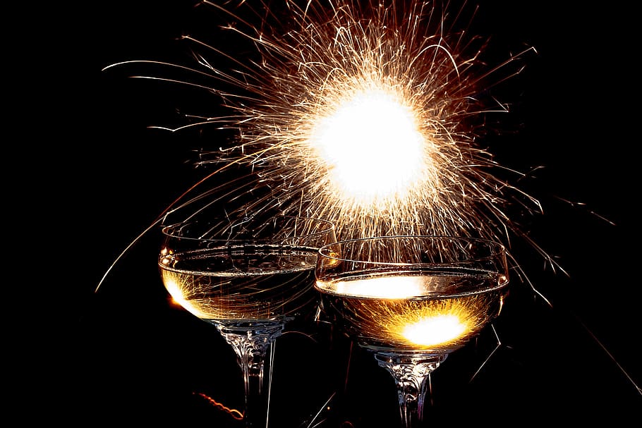 two margarita glasses, champagne glasses, sparkler, champagne, glasses, drink, alcohol, sparkling wine, new year's eve, sparkling