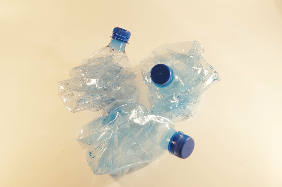 three, blue, plastic bottles, recycling, plastic, by participating in, garbage, waste, dump bins, the purity of the