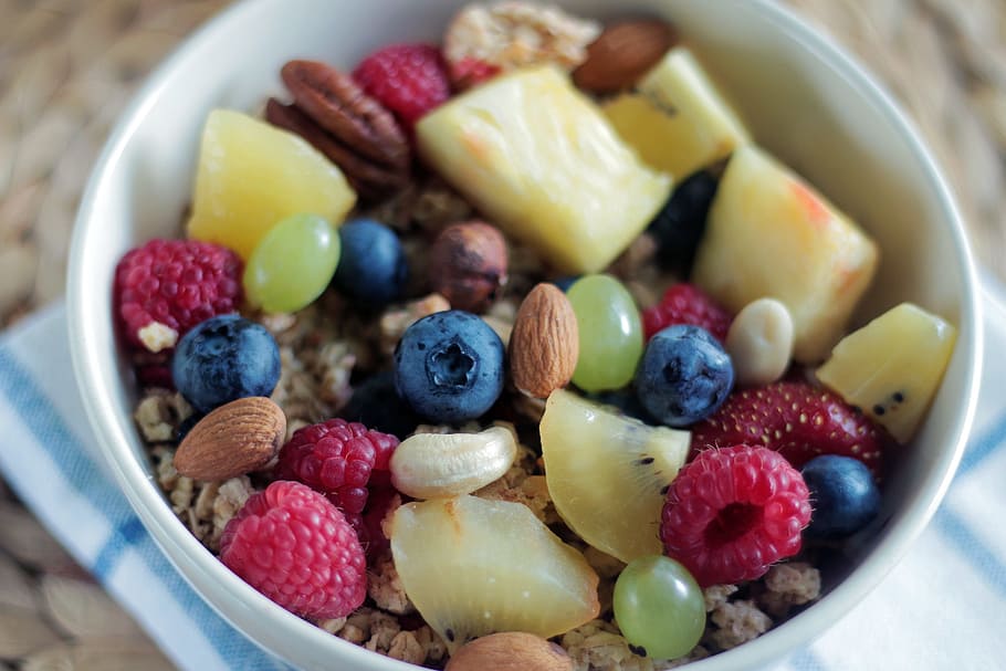 fruits, nuts, filled, white, ceramic, bowl, breakfast, raspberries, blueberries, pineapple