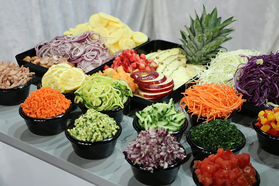chuletas, verduras, frutas, cuencos, bandejas, fruta, comer, vitaminas, puesto de frutas, frisch