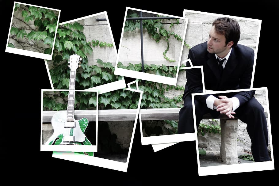 hombre, negro, traje, sentado, durmiente, banco, al lado, blanco, verde, collage de guitarra de les-paul