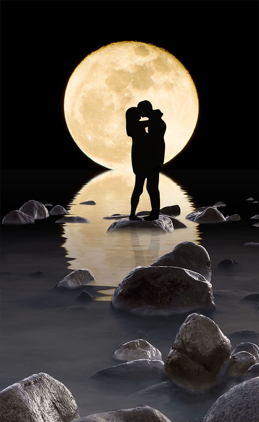 foto siluet, pria, wanita, bulan, pasangan, cium, refleksi, romantis, air, latar belakang