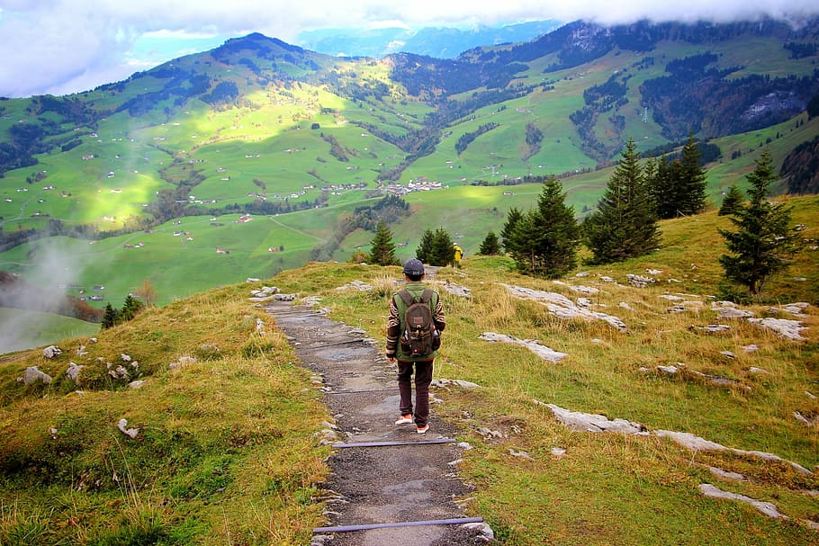 Trekking, Pessoas, Alpes suíços, Montanha, sozinho, caminhando, mochila, natureza, menina, Ebenalp
