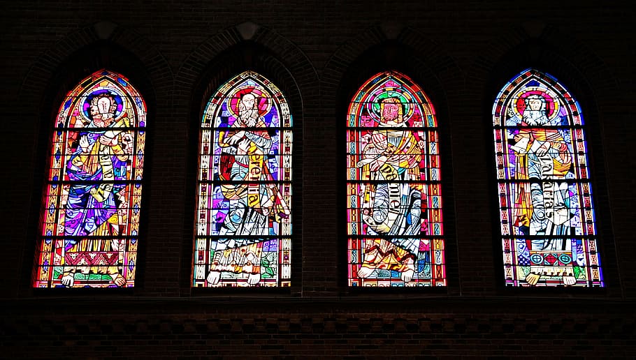 four, multicolored, stained, glasses, church window, window, church, stained glass, glass, shine through