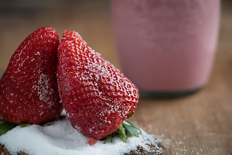 딸기, 익은, 빨간, 건강한, 맛있는, 단, 부드러운 과일, 과일, 설탕, 입자가 굵은 설탕