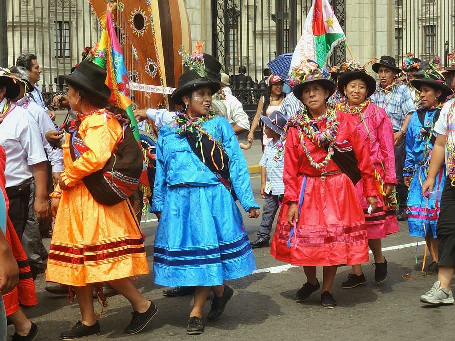 women, traditional, dresses, walking, street, daytime, peru, lima, south america, colorful