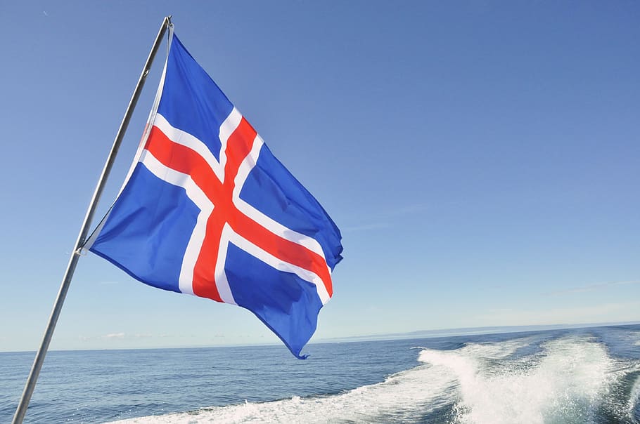 waging, blue, white, red, cross, Iceland, Flag, Sea, Sky, Blue, Ship