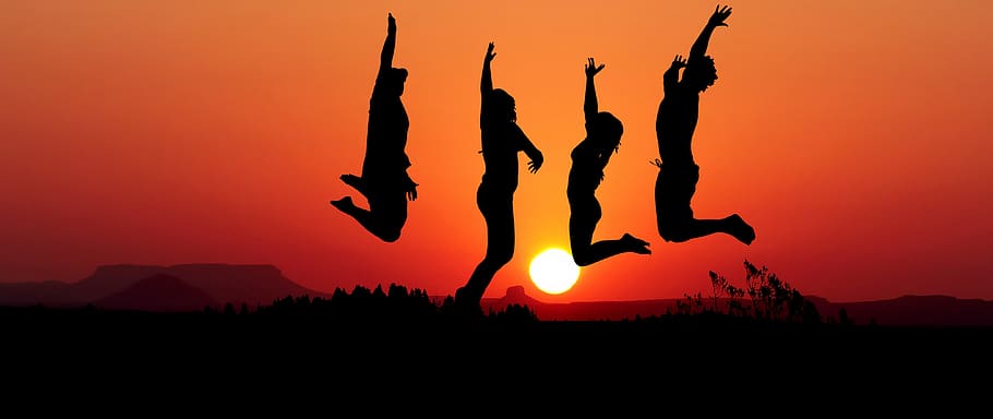 Sunset Jump Sport Young Happy Friends Silhouette Fun Sky