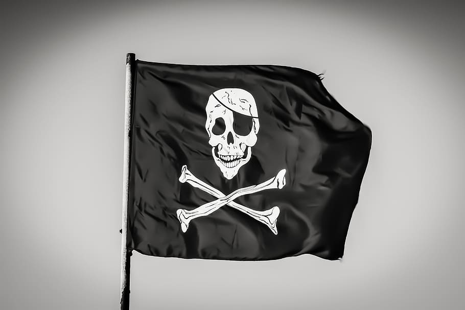 Pirate Flag, Black, Skull, Piracy, black, skull, skeleton, emblem, scary, fear, nautical