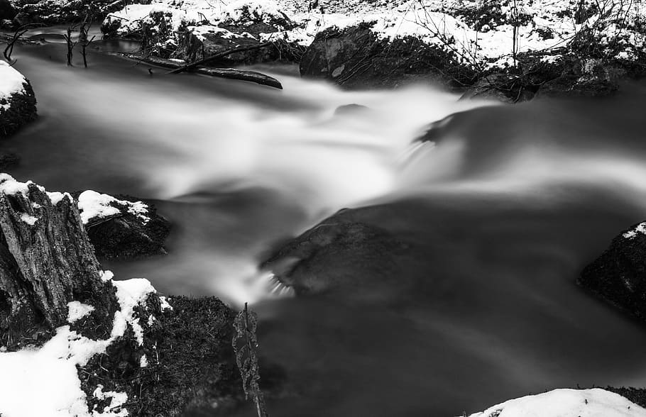 water, brook, forest, slow shutter speed, black and white, sweden, bw, nature, creek, winter