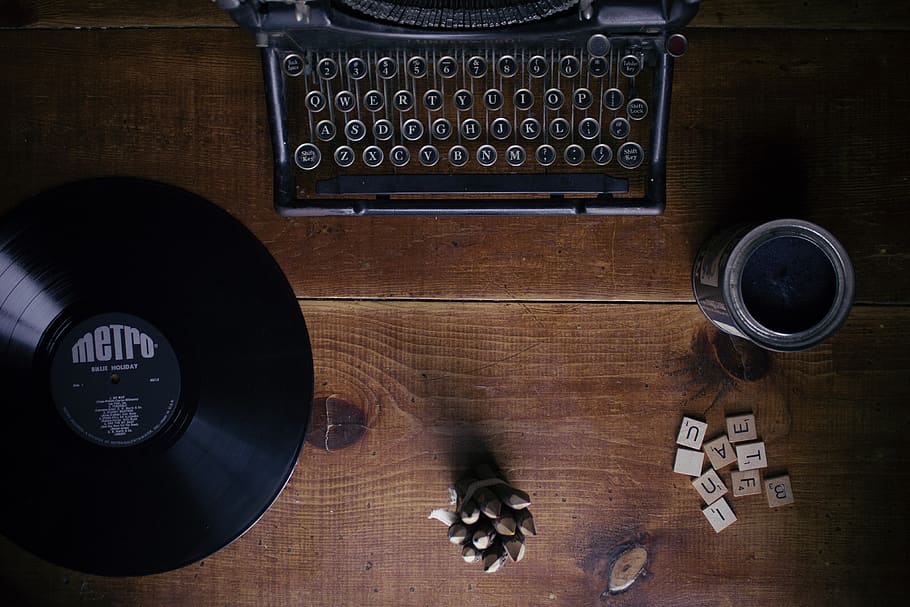 typewriter, vintage, letters, scrabble, vinyl, record, album, lp, music, wood