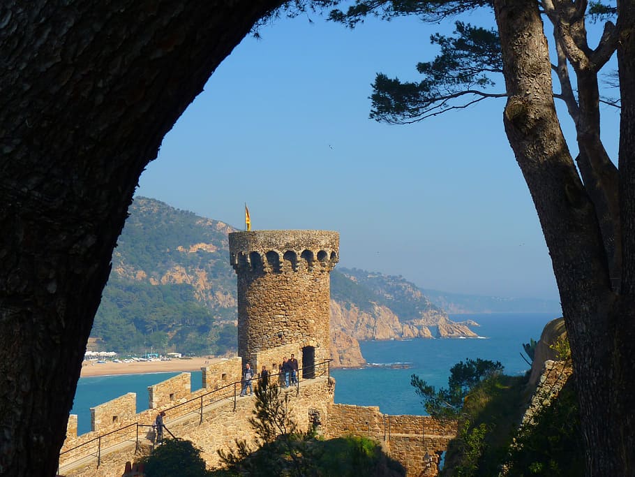 menara kastil, di samping, samudra, Menara, Kastil, Tua, Tossa De Mar, Spanyol, laut, sejarah