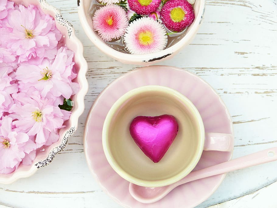 flowers, bowl, cup, saucer, heart, pink, petals, still life, greeting card, invitation