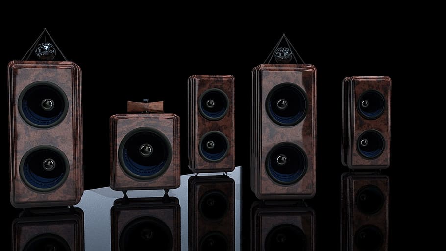 lima speaker coklat, speaker, kotak, hifi, kotak surround, musik, render, 3d, suara, audio