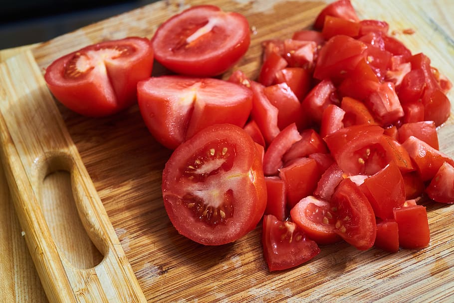chopped, tomatoes, cutting, board, closeup, red, rustic, food, juicy, cooking
