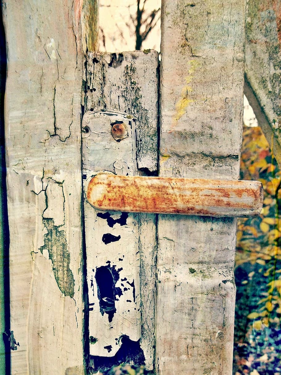 foto, cinza, prancha de madeira, porta, maçaneta da porta, jardim, objetivo, entrada, velho, vintage