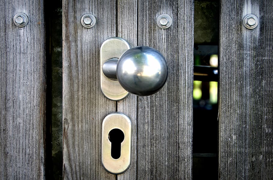 gray steel doorknob, door handle, ball grip, castle, texture, wood grain, structure, background, textures, wooden structure