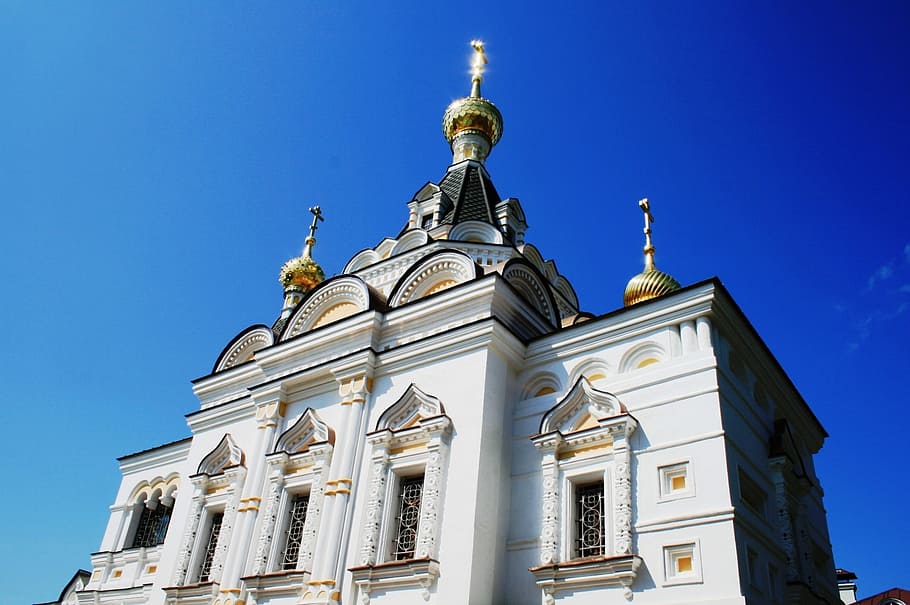 katedral, gereja, bersejarah, bangunan, agama, ortodoks Rusia, arsitektur, dinding putih, kubah bawang merah, kubah