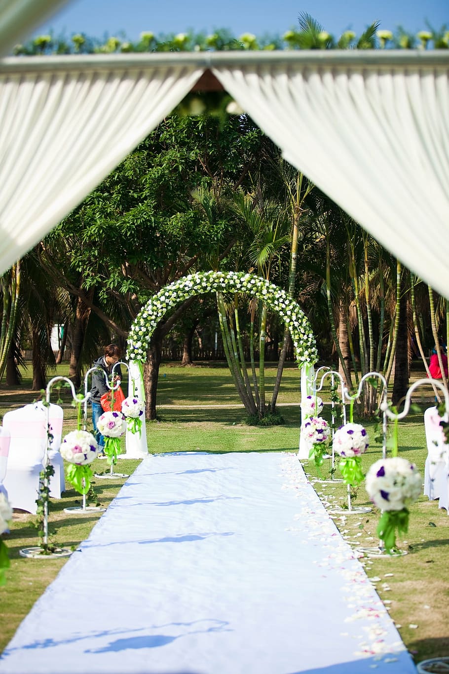 ceremony pavilion, wedding, white and green, plant, architecture, built structure, nature, grass, incidental people, day