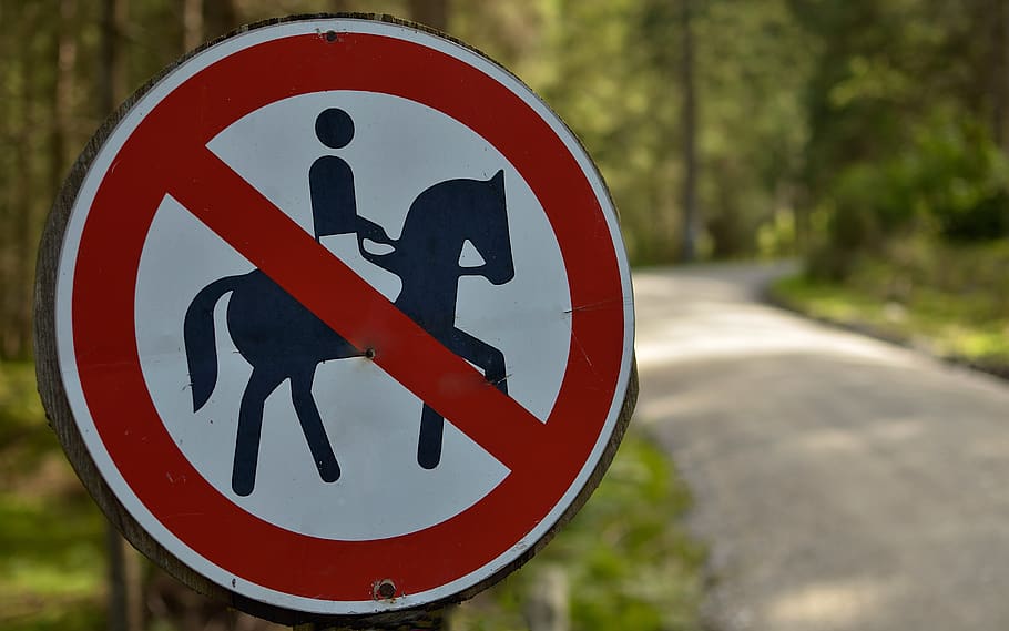 sign, the prohibition of, the horse, horseback riding, warning, note, banned, red, signpost, traffic