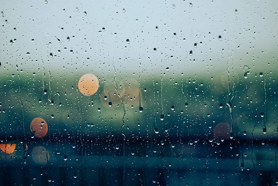 close-up photography, dews, clear, glass, rain, drops, wet, lights, bokeh, window