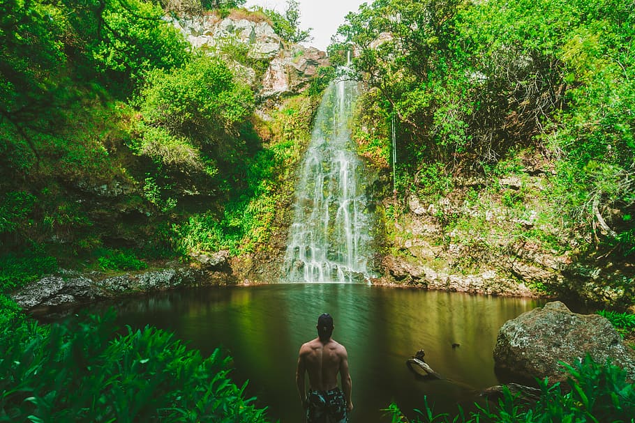 man, standing, front, waterfalls, daytime, person, lake, waterfall, green, grass