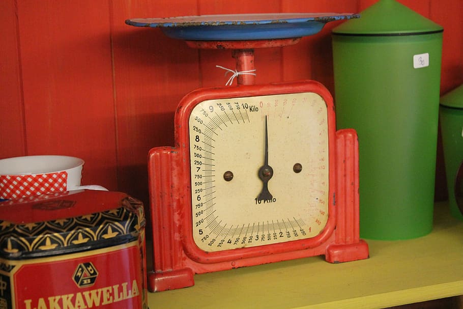 antique, horizontal, kitchen scale, cook, weight, kitchen utensil, pay, red, indoors, container