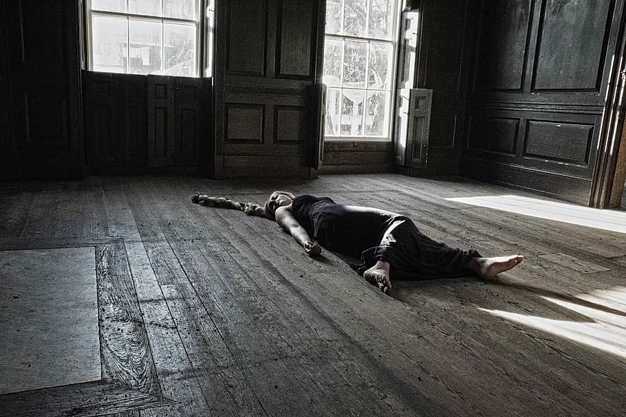grayscale photo, person, lying, brown, floor, inside, house, indoors, people, abandoned