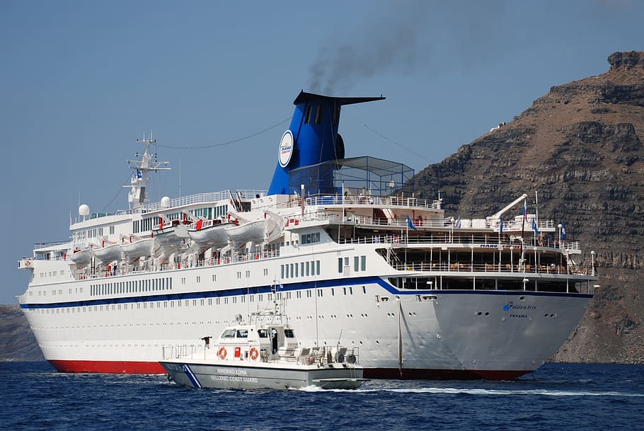 steamer, santorini, sea, cruise, bay, resort, greece, travel, tourist, nautical vessel