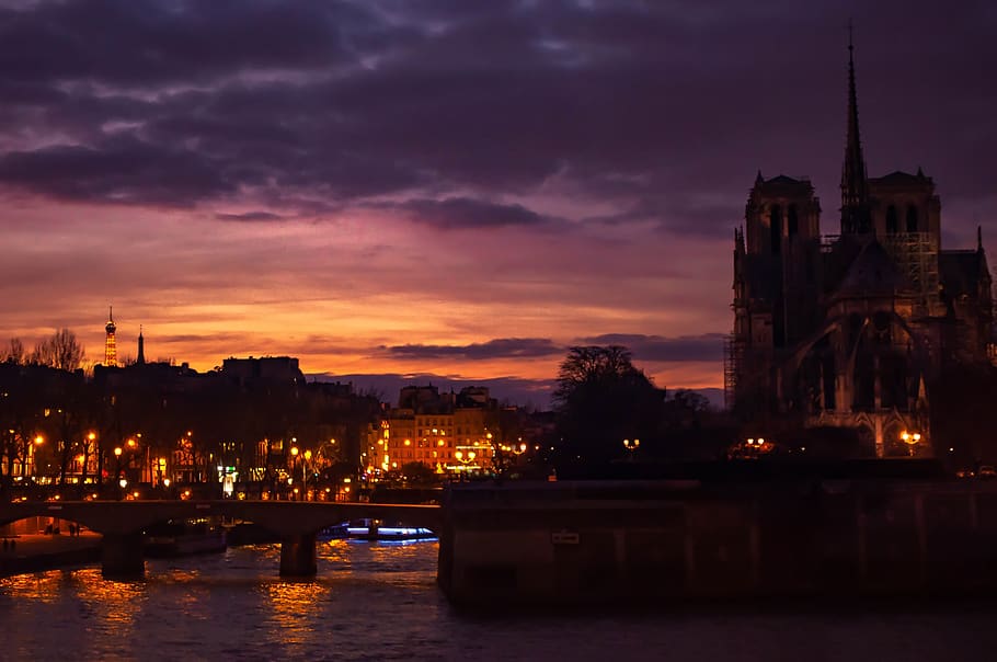 Francia, París, ciudad, Europa, monumento, viaje, luces, atracción, puesta de sol, Sena