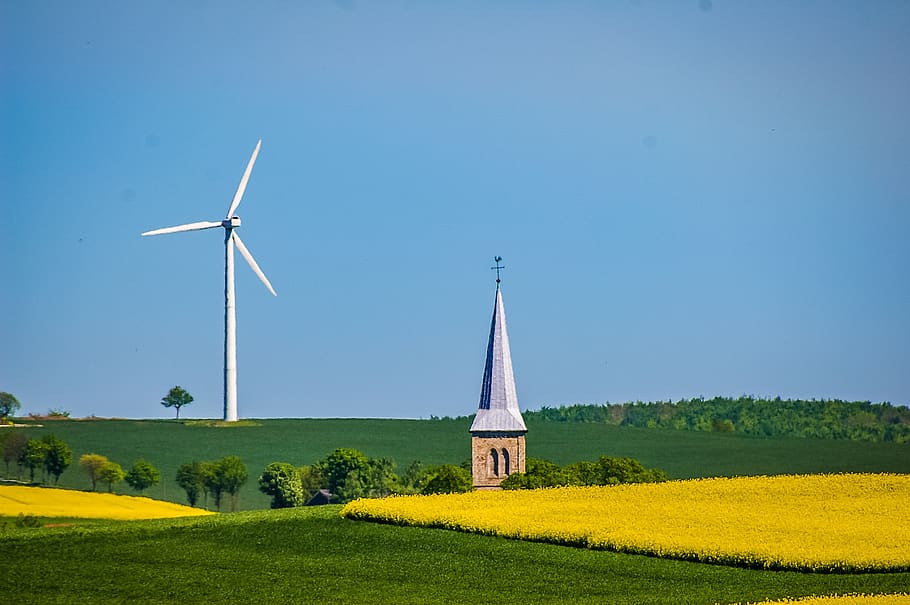 windmill, steeple, oilseed rape, fields, summer, sky, green yellow, wind turbine, turbine, wind power