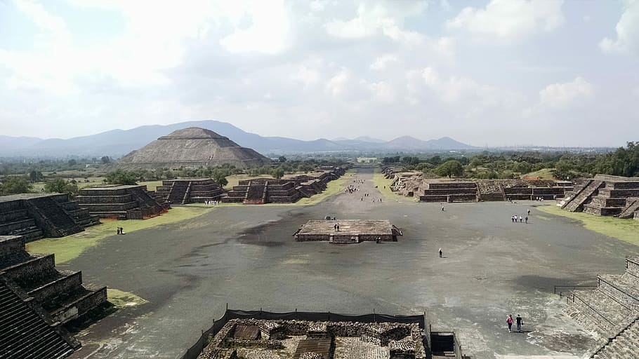teotihuacan landscape, Teotihuacan, landscape, Pyramids, Mexico, clouds, photos, landscapes, plaza, public domain