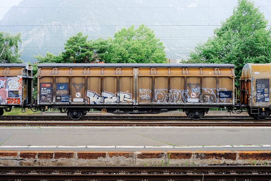 brown, train, daytime, coal, industrial, steel, iron, load, carry, graffiti