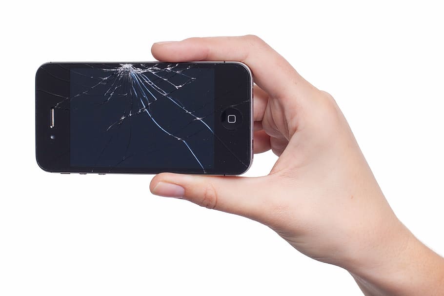 person, holding, cracked, iphone 4, apple, iphone, display, damage, broken, screen