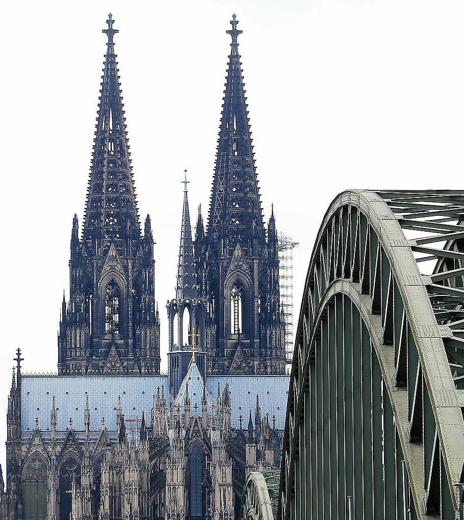 gray, black, concrete, high-rise, building, hohenzollern bridge, arches, bridge, dom, rhine