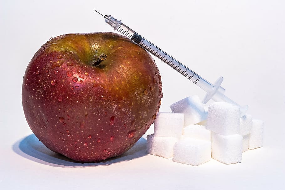 seringa, vermelho, maçã, seringa de insulina, insulina, diabetes, doença, cuidados de saúde, médico, glicose